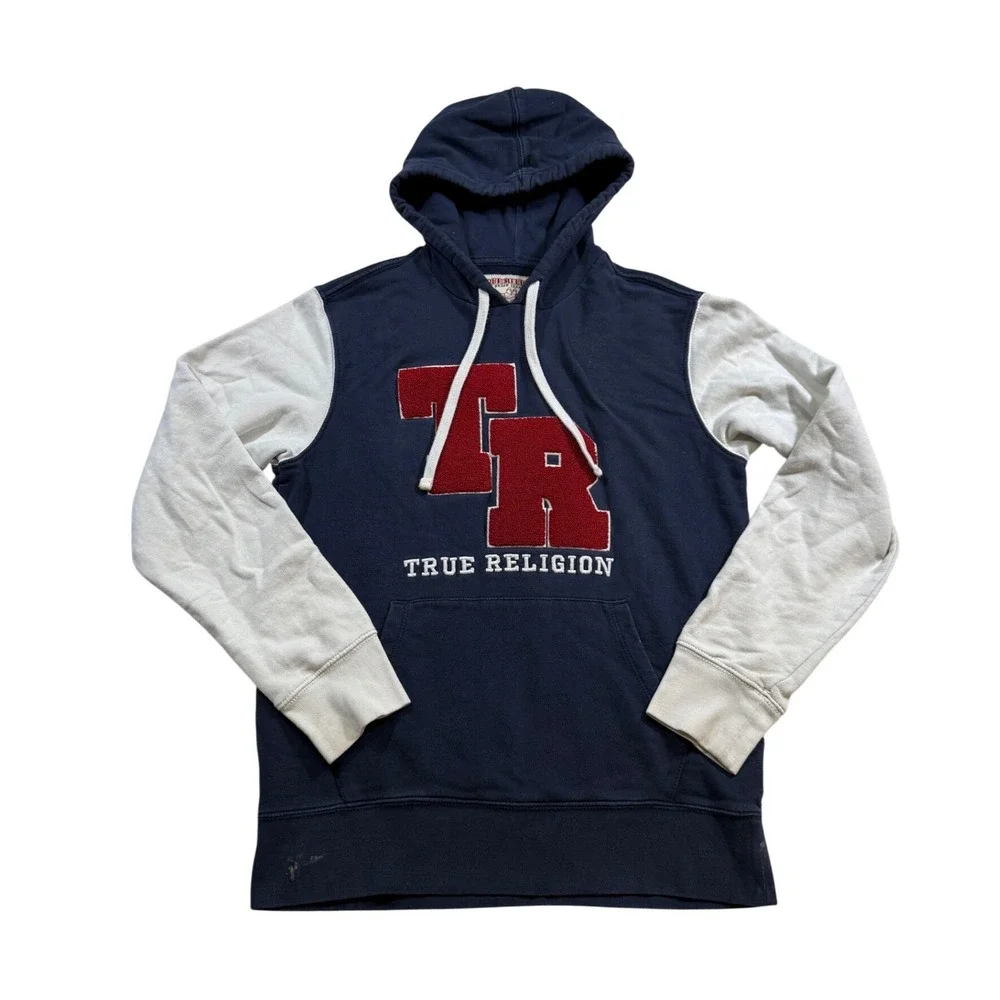 True Religion Hoodie Navy Blue S Varsity Chenille Patch Colorblock Skater Retro
